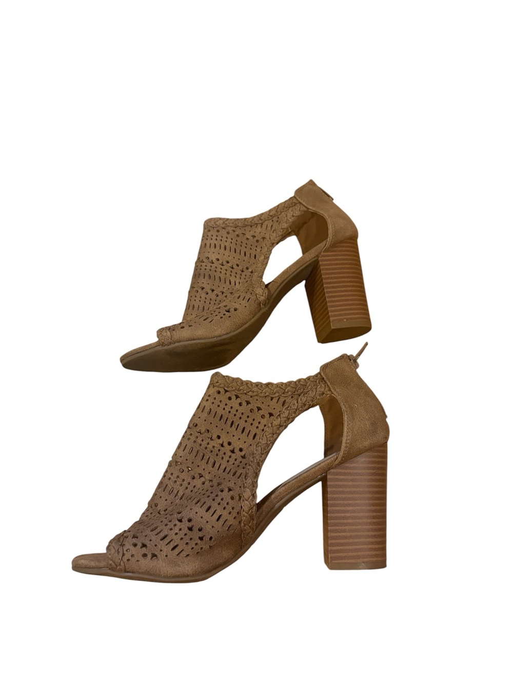Fergalicious Size 7 Brown Peep-Toe Laser-Cute Heeled Brown Booties